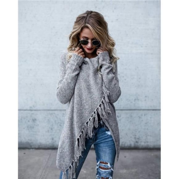 Women's Tassel Hem Sweater Long Cardigan Knitwer Pullover Poncho Coat - Picture 2 of 5